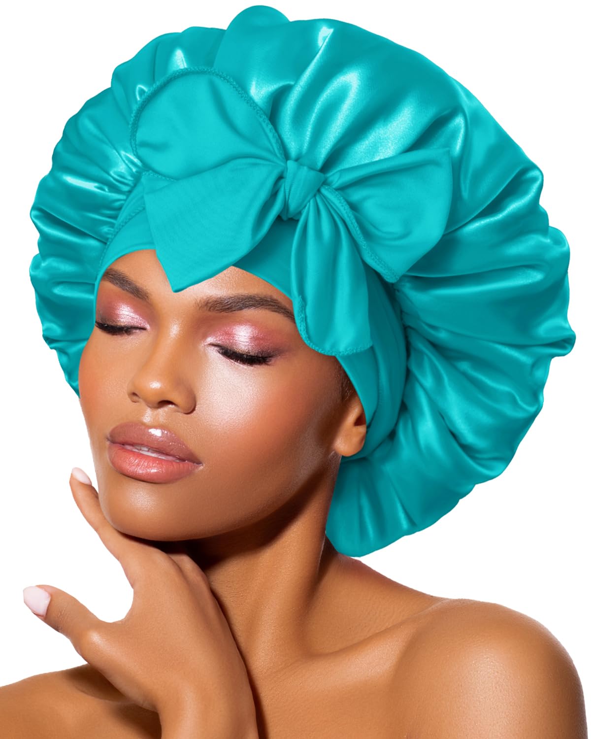 BONNET QUEEN Silk Bonnet for Sleeping for Women Satin Bonnet Night Cap for Curly Hair with Tie Band, Single Layer, Cream Pink