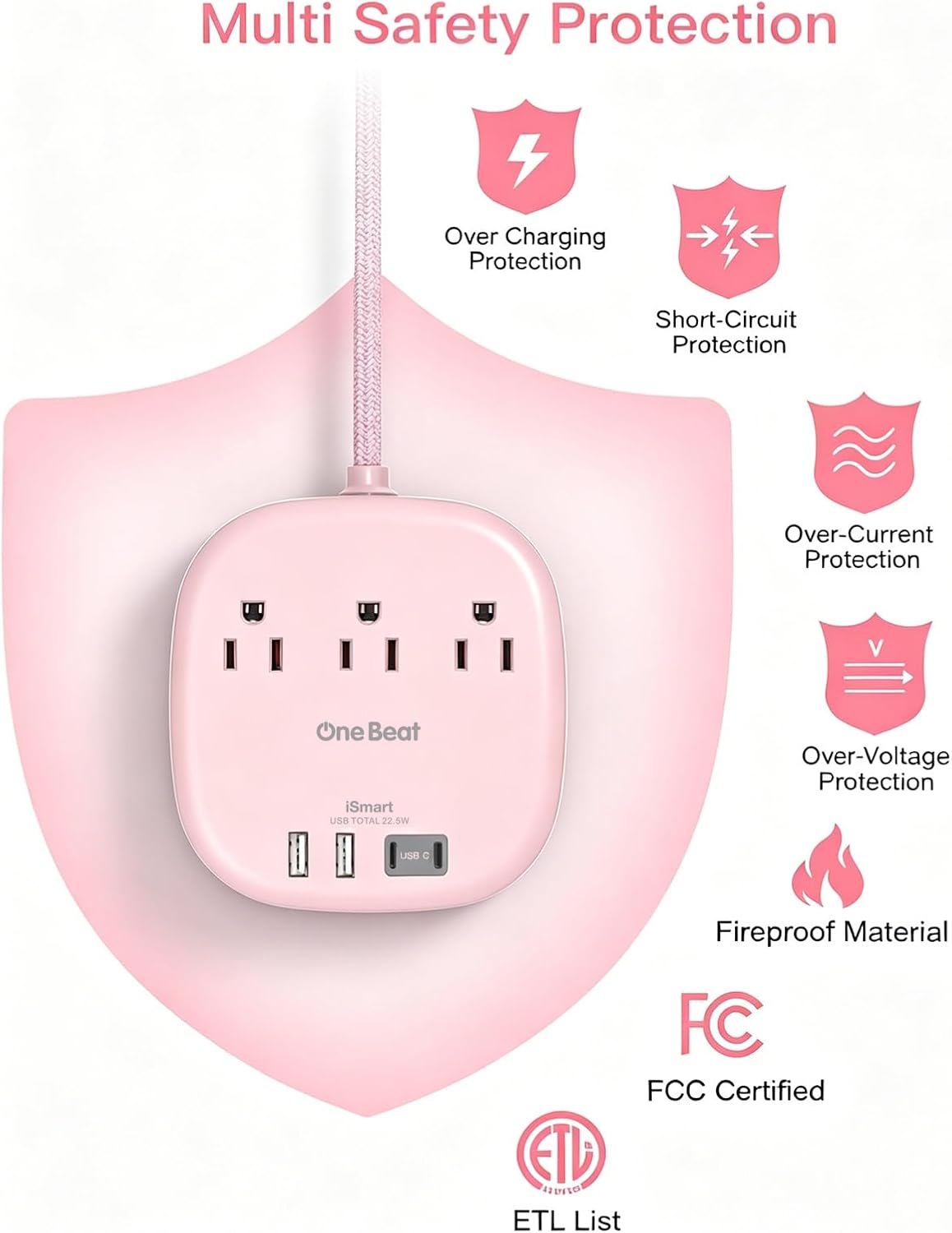 Travel Essentials, 22.5W/4.5A Flat Plug Power Strip, 6 Ft Extension Cord