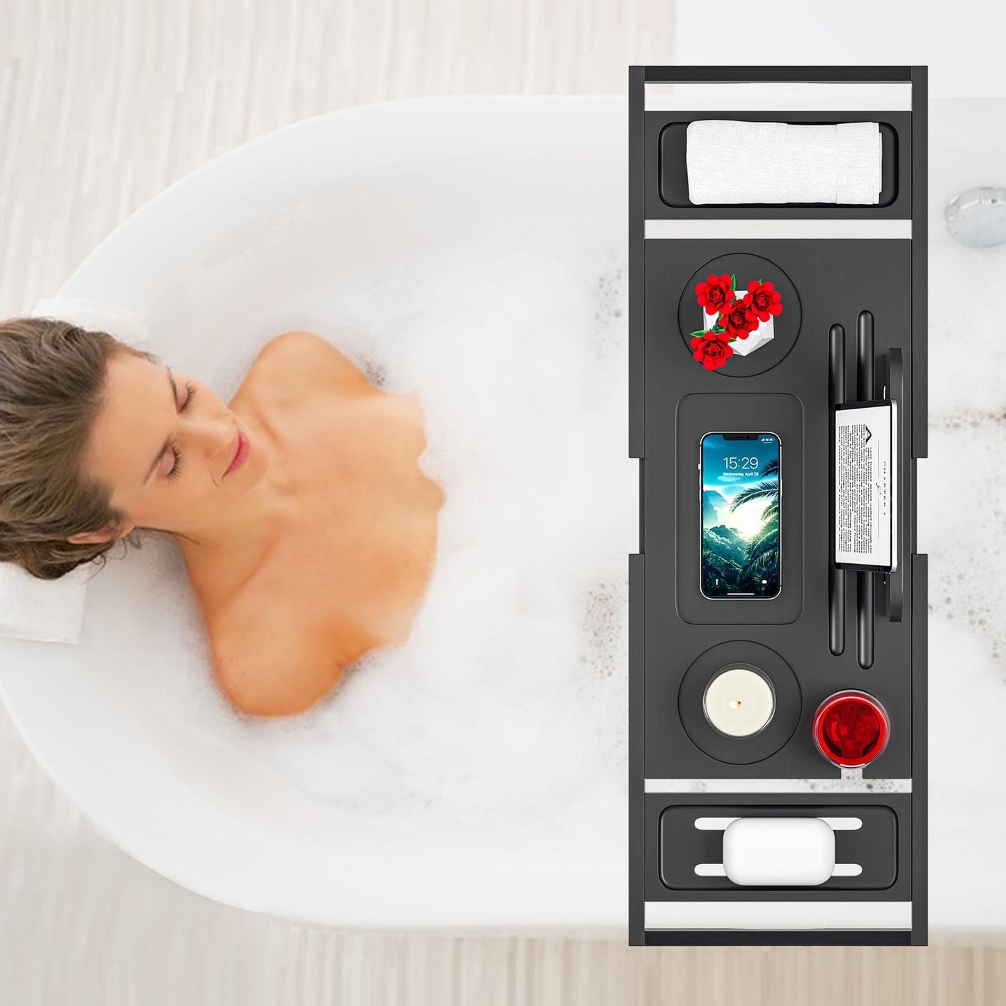 Bathtub Tray Caddy - Bath Tray - Bath Tub Tray Caddy - Bamboo Bath Table Tray for Tub - Expandable Size, Fits Most Tubs