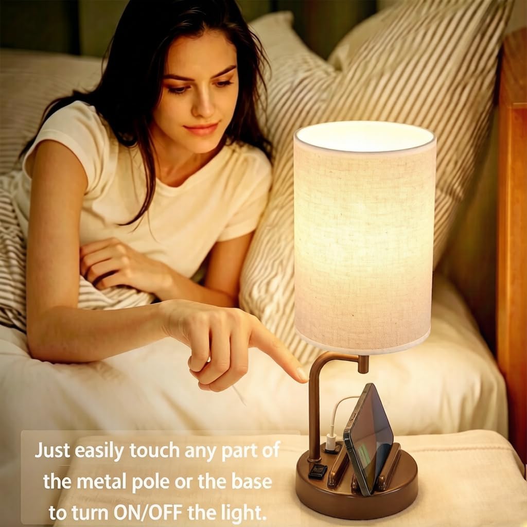 Dreamholder Touch Control USB Table Lamp with USB C/A & AC Outlet, 3-Way Dimmable Bedside Lamp, Modern Nightstand Lamps for Bedroom Living Room Guest Room Office, Bulb Included, Gold