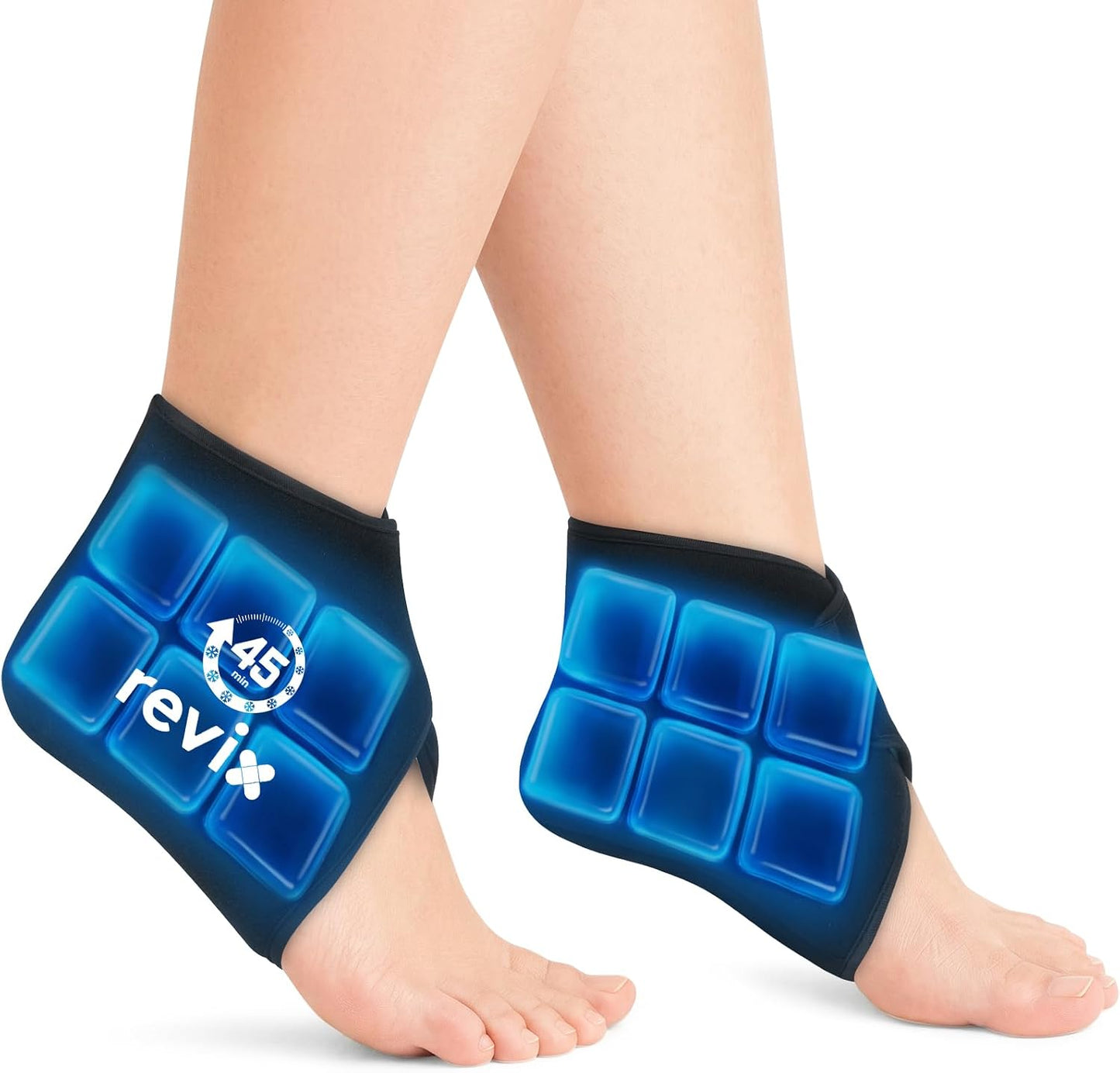 REVIX Ankle Ice Pack Wrap for Plantar Fasciitis with 45-Min Long Lasting Cold, Reusable Foot Ice Pack with Ice Grid Design, Cold Compress Therapy for Achilles Tendonitis, Swelling & Sprained Ankle