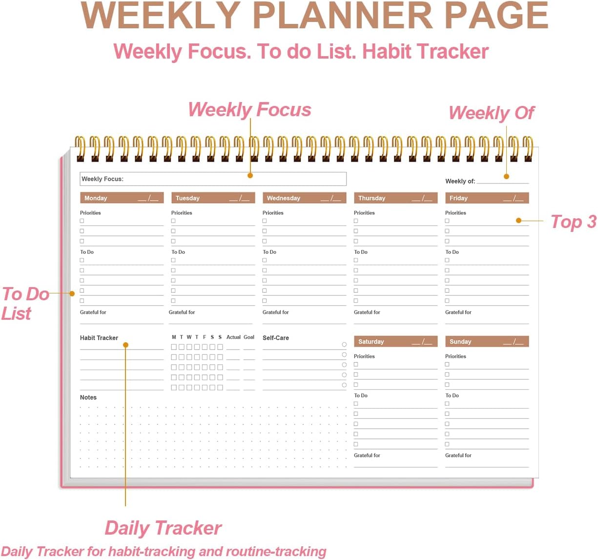 Weekly Productivity Planner - 8" x 11" Dashboard Desk Pad/Planner, Habit Tracker, Spiral Undated Weekly Planner for Office/School/Home, 54 Weeks, Grey