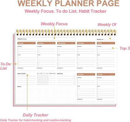 Weekly Productivity Planner - 8" x 11" Dashboard Desk Pad/Planner, Habit Tracker, Spiral Undated Weekly Planner for Office/School/Home, 54 Weeks, Grey