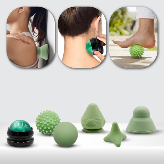 Physical Therapy Pain Relief Massage Ball Set for Trigger Point Release - Myofascial Release Tool & Deep Tissue Massage Set of 6 Pieces - Lacrosse, Spiky, Hand Roller & Mountable Self Massage Ball