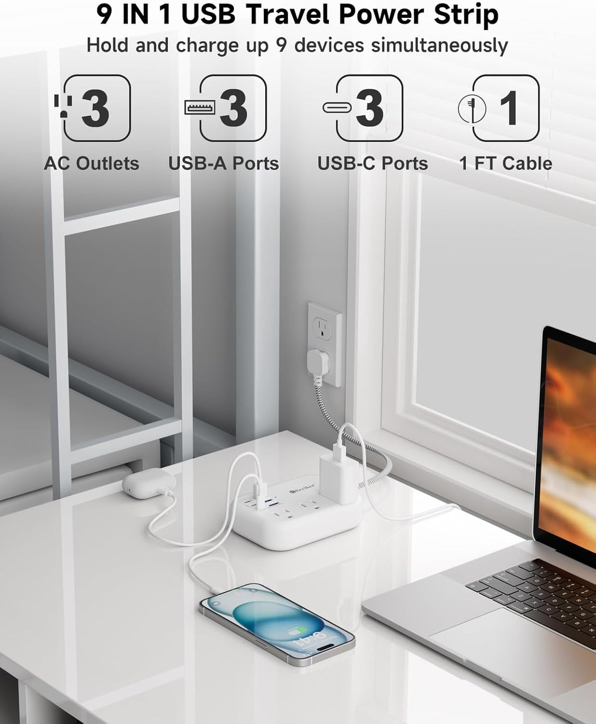 6 USB(3 USB C) Power Strip- Travel Power Strip with 6 USB Desktop Charging Station 24W/4.8A and 3 Outlets, 5Ft Flat Plug Braided Extension Cord, Non Surge Protector for Cruise Ship Travel Office Dorm