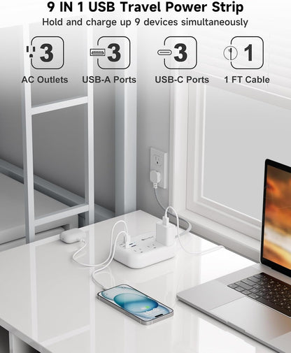 6 USB(3 USB C) Power Strip- Travel Power Strip with 6 USB Desktop Charging Station 24W/4.8A and 3 Outlets, 5Ft Flat Plug Braided Extension Cord, Non Surge Protector for Cruise Ship Travel Office Dorm