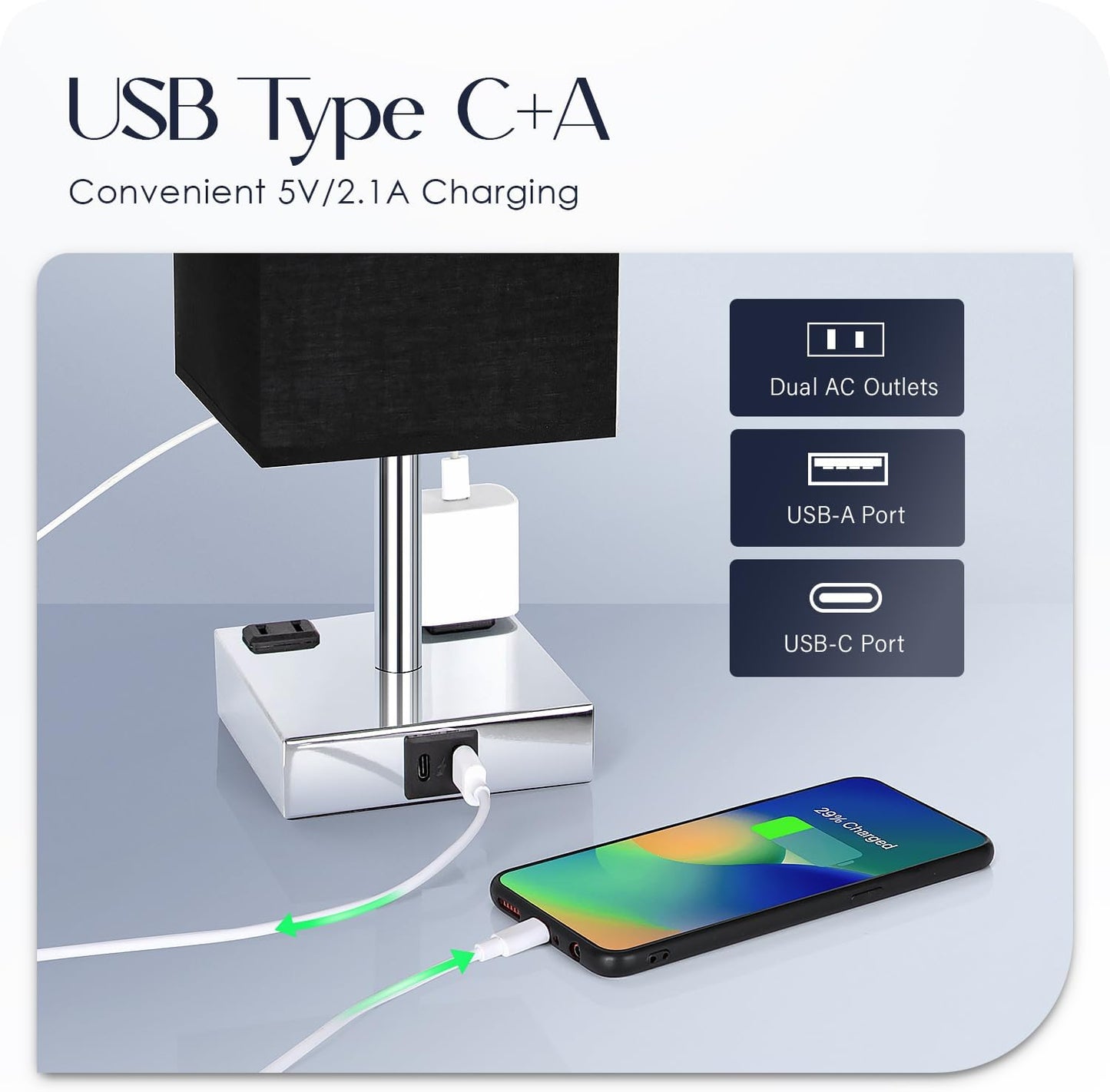 Bedside Table Lamp for Bedroom - Touch Small Lamp with USB C+A Charging Ports & AC Outlets, 3 Way Dimmable Nightstand Light for Living Room (LED Bulb Included, Grey)