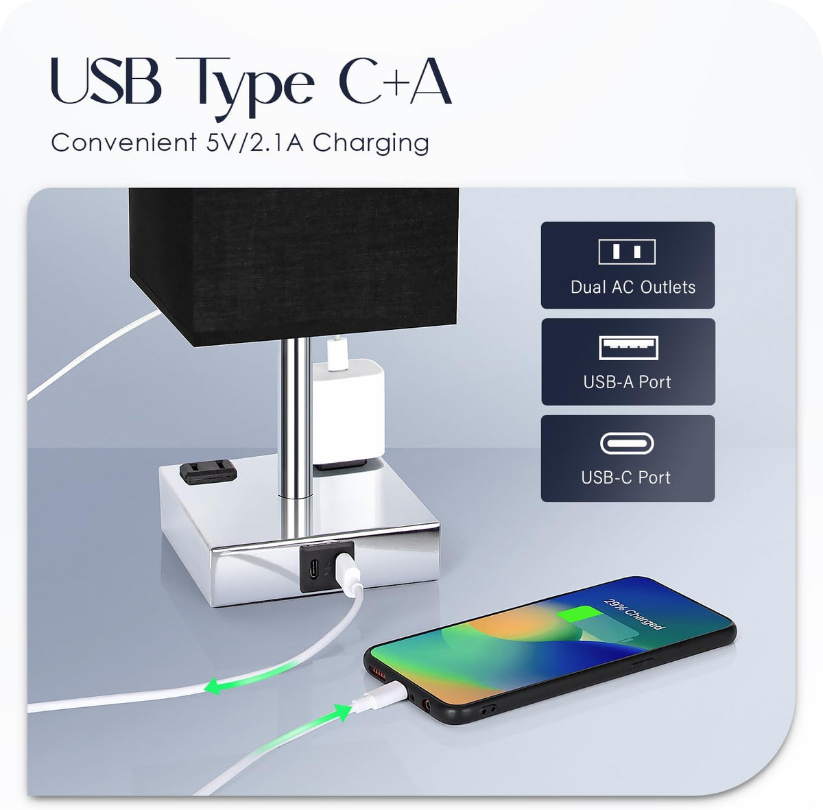 Bedside Table Lamp for Bedroom - Touch Small Lamp with USB C+A Charging Ports & AC Outlets, 3 Way Dimmable Nightstand Light for Living Room (LED Bulb Included, Grey)