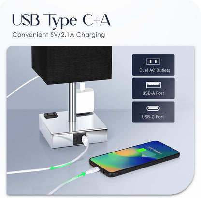 Bedside Table Lamp for Bedroom - Touch Small Lamp with USB C+A Charging Ports & AC Outlets, 3 Way Dimmable Nightstand Light for Living Room (LED Bulb Included, Grey)