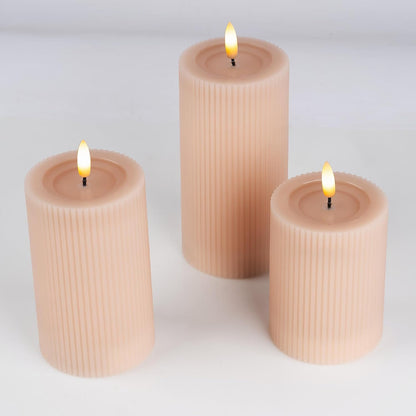Ribbed Fluted Real Wax Flameless LED Pillar Candles, Loden Sage Olive Green, Melted-Wax Top Look, Flickering Flame, Battery Operated, Remote & Timer, Shelf & Wedding Decor (Set of 3)