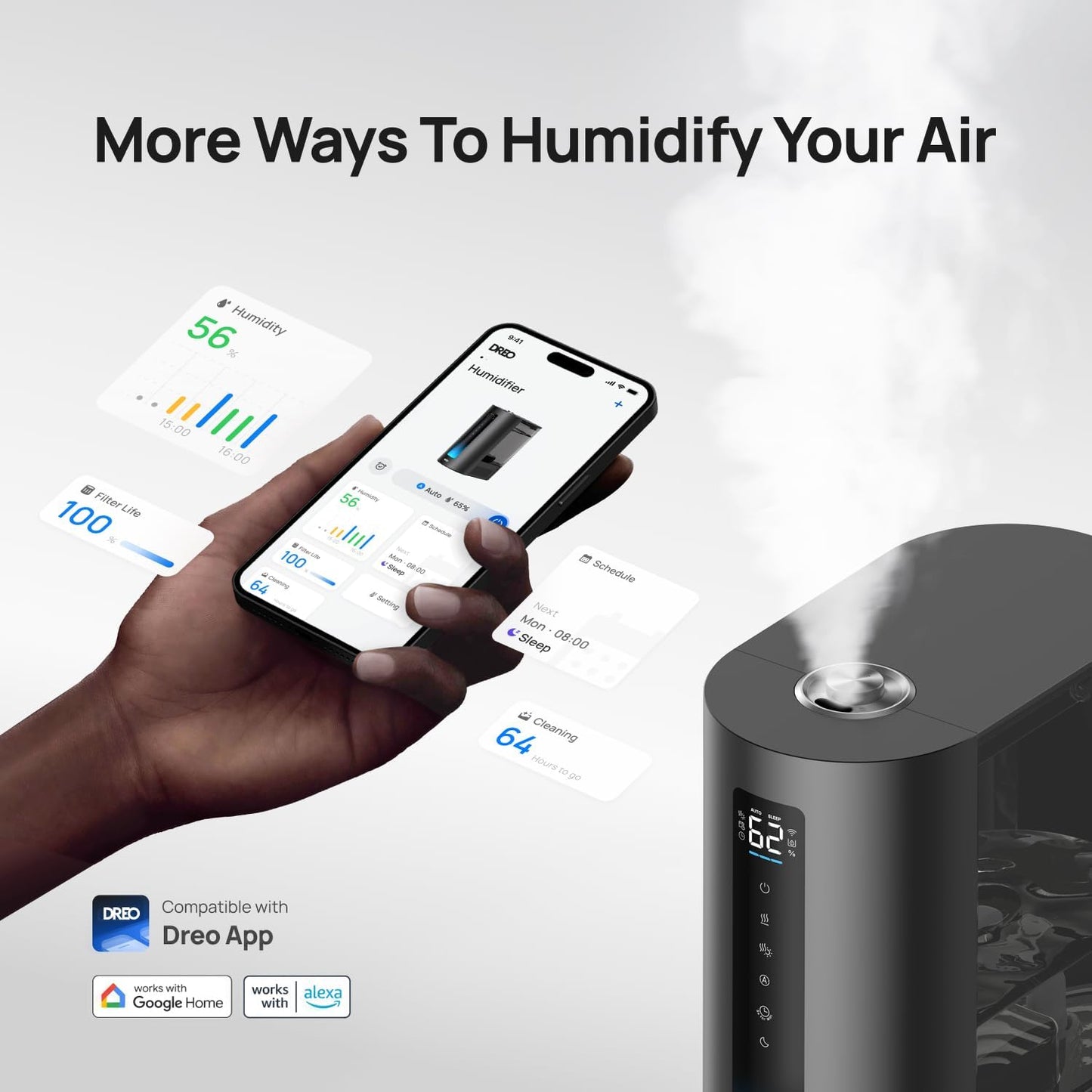 DREO 6L Smart Warm & Cool Mist Humidifiers for Bedroom HM713S | 60-Hour Quiet Runtime for Large Room, 500ML/HR Output, Smart Humidity Sensor, Indicator Light, Works with Alexa & Google