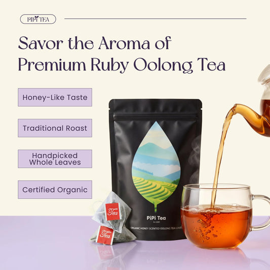PiPi Tea Organic Oolong Tea Bags – Whole Leaf, 20 Bags (4g Each) – Cortisol & Calming Tea for Anxiety, Stress, Weight Loss – Bulk Loose Leaf Oolong Tea