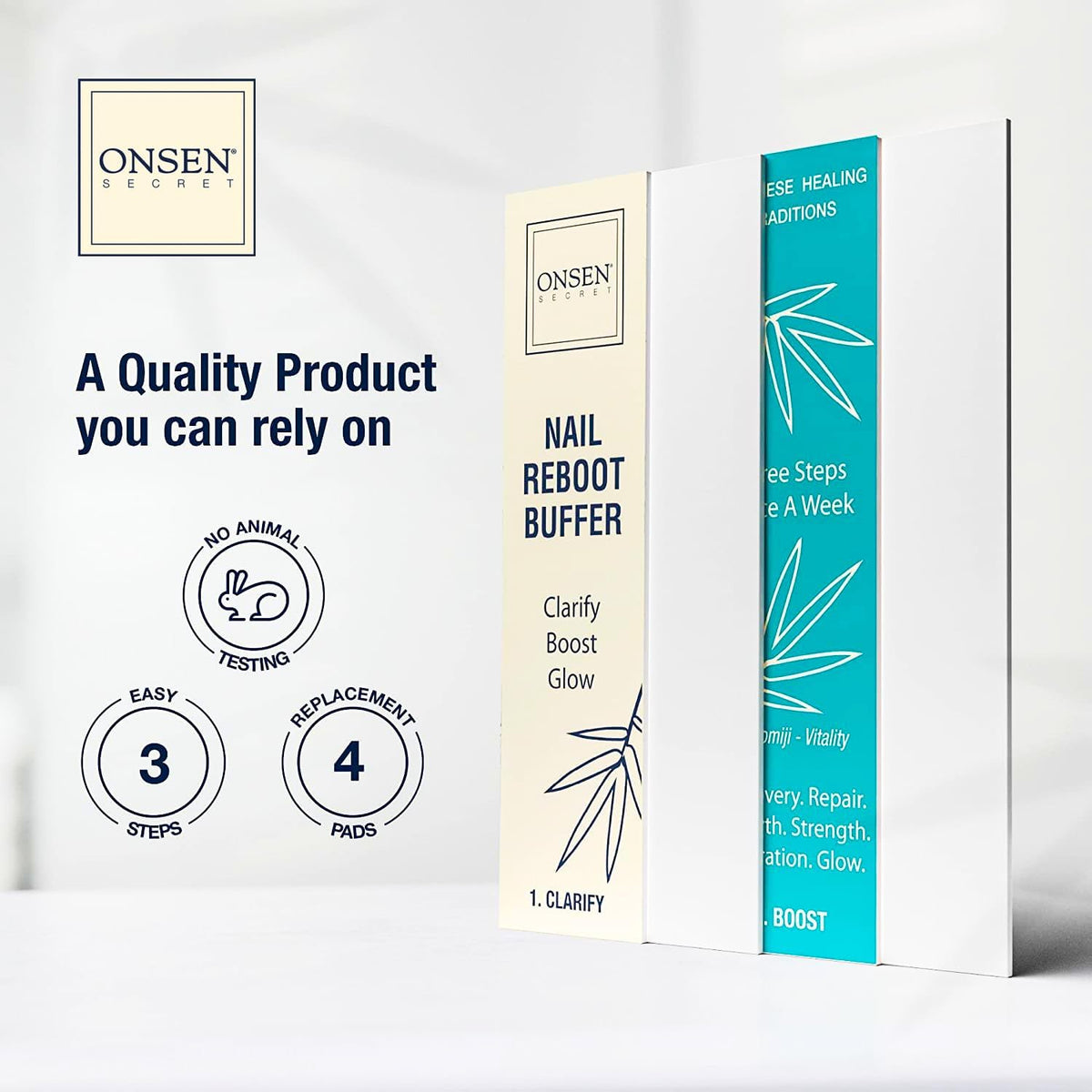 Onsen Secret Professional Nail Buffer Block | 4-Way Buffing for Natural Shine & Healthy Natural Nails - Includes 2 Extra Shine Pads, Salon-Quality, Post-Gel & Acrylic Recovery | 1 Pack