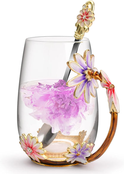 Enamel Glass Flower Tea Pot With Removable Loose Tea Leaf Infuser Tea Maker Teapot Set 30.4OZ Gifts for Women,Mom,Birthday