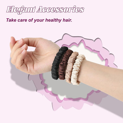 4Pcs Mulberry Silk Scrunchies Set, Silk Hair Ties Elastic for Women, Skinny Scrunchies Reduces Breakage for All Hair Types