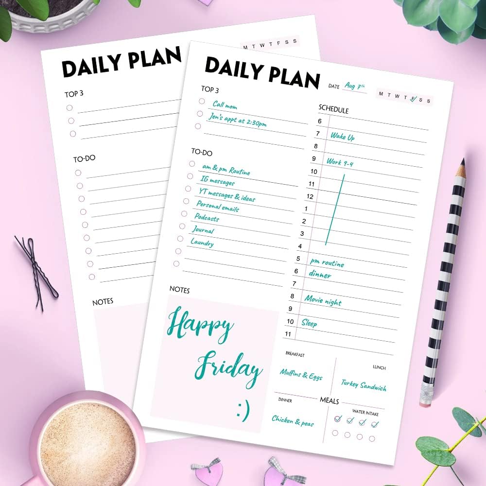 Daily Planner Notepad - A5 Calendar, Scheduler, Organizer with Priority, To Do List, Appointments, Notes, Meals and Water Intake Tracker, 50 Undated Tear-Off Sheets Planning Pad, 5.8"x8.25"