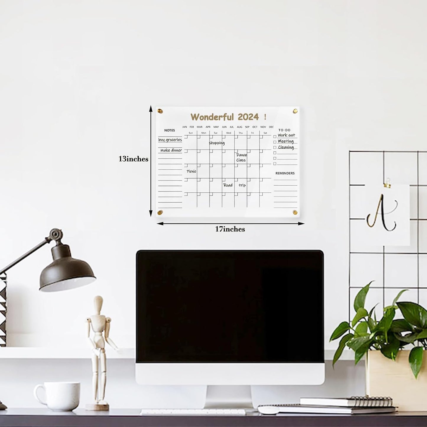 Black Acrylic Calendar Dry Erase for Wall, Family Planner, Monthly Calendar Dry Erase Whiteboard for Home, Office, 17" x 13"Reusable White Board(Acrylic-BK-3343)
