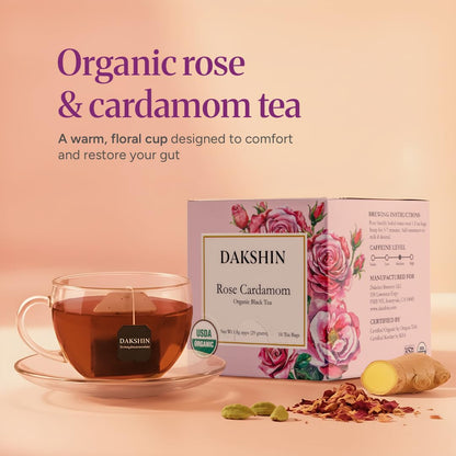 DAKSHIN Organic Rose Cardamom Tea Bags | Black Tea with Rose Petals, Ginger Root & Cloves | Naturally Warming & Comforting | USDA Organic | 16 Tea Bags