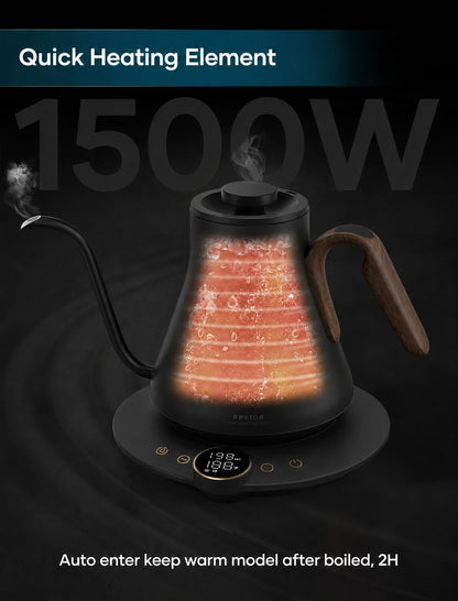 INTASTING Gooseneck Electric Kettle with ±1℉ Temperature Control for Pour Over Coffee & Tea, Quick Heating, BPA-Free Stainless Steel, Built-in Brew Timer, 1500W/0.9L (Ebony Black)