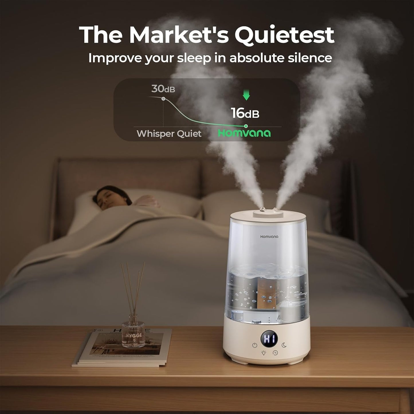 Homvana 3.6L Top-Fill Cool Mist Humidifiers for Bedroom, Large Room & Plants, 23dB Ultra-Quiet, Easy-to-Clean 2-in-1 Baby Humidifier & Oil Diffuser for Congestion Relief, Lasts Up to 4 Nights (Grey)
