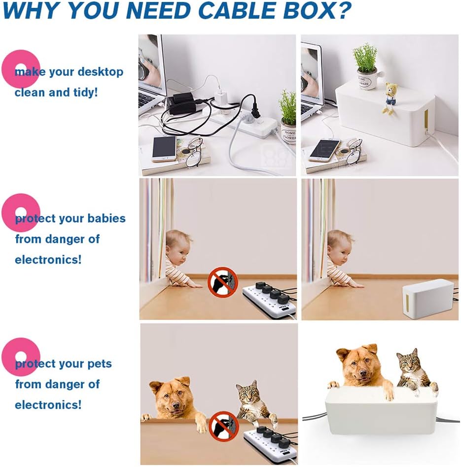 Cable Management Box Organizer, Pack of 2 Wire Concealer to Cover Hide Surge Protector & Power Strip on Desk Floor, with 5 Cord Fastening Tapes for Office, Home, Kitchen (Luxury Black)