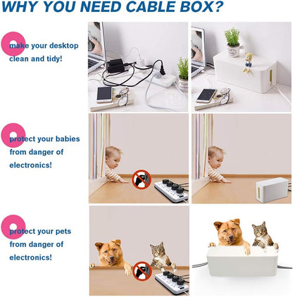 Cable Management Box Organizer, Pack of 2 Wire Concealer to Cover Hide Surge Protector & Power Strip on Desk Floor, with 5 Cord Fastening Tapes for Office, Home, Kitchen (Luxury Black)