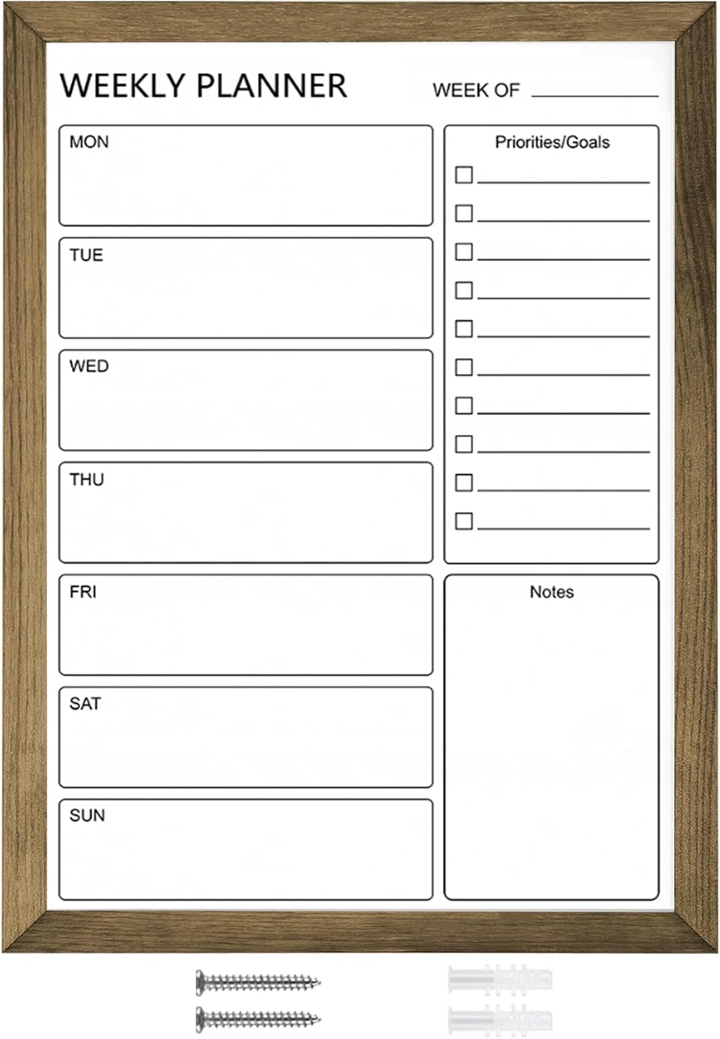 Dry Erase White Board Weekly Calendar Board, Magnetic Whiteboard for Wall,10.6“x14.7 Solid Wood Rustic Brown Framed Message Board, Planner Board for Office, Home, Schooll(Weekly-BB-RB-2737)