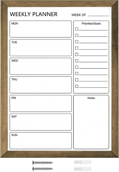 Dry Erase White Board Weekly Calendar Board, Magnetic Whiteboard for Wall,10.6“x14.7 Solid Wood Rustic Brown Framed Message Board, Planner Board for Office, Home, Schooll(Weekly-BB-RB-2737)