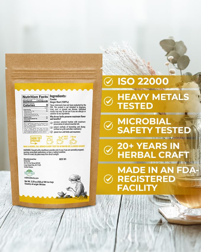 100 Bags Ginger Tea Ginger Root Tea Dry Dried Herb (Zingiber Officinale) - 100 Count 1.5g Bags Raíz De Jengibre