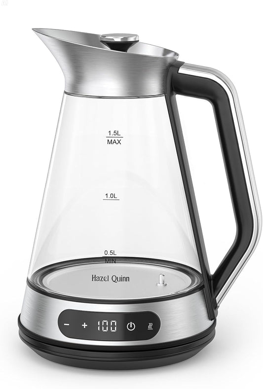 Hazel Quinn Glass And Stainless Steel Electric Kettle, 1.5 Liters Tea Kettle And Hot Water Kettle, BPA-Free, ±1°C Temp Control, 24H Keep Warm, 1000W Fast Quiet Boil, Anti-Residue Bottom, Auto Shut-Off