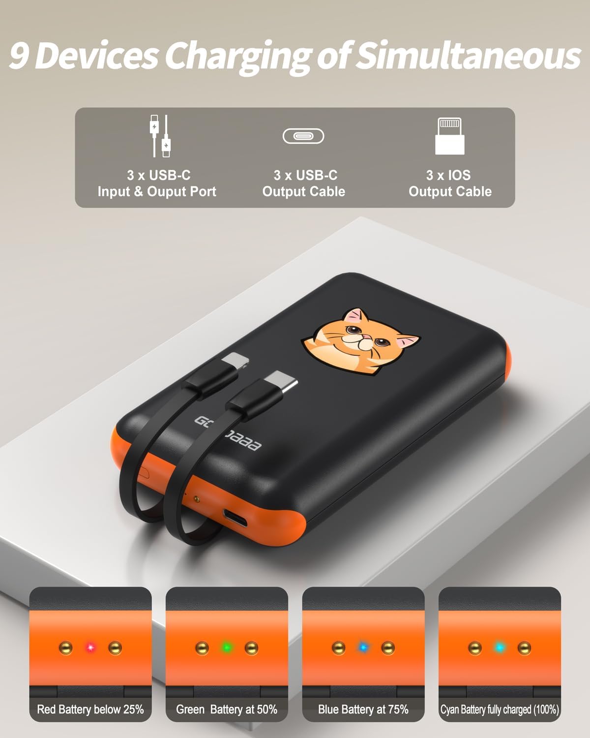 GOODaaa Portable Charger, 10000mAh Slim Power Bank Built in Cables