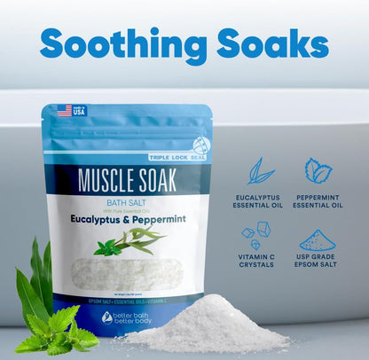 Muscle Bath Soak 32 oz Epsom Salt Peppermint, Eucalyptus Essential Oils