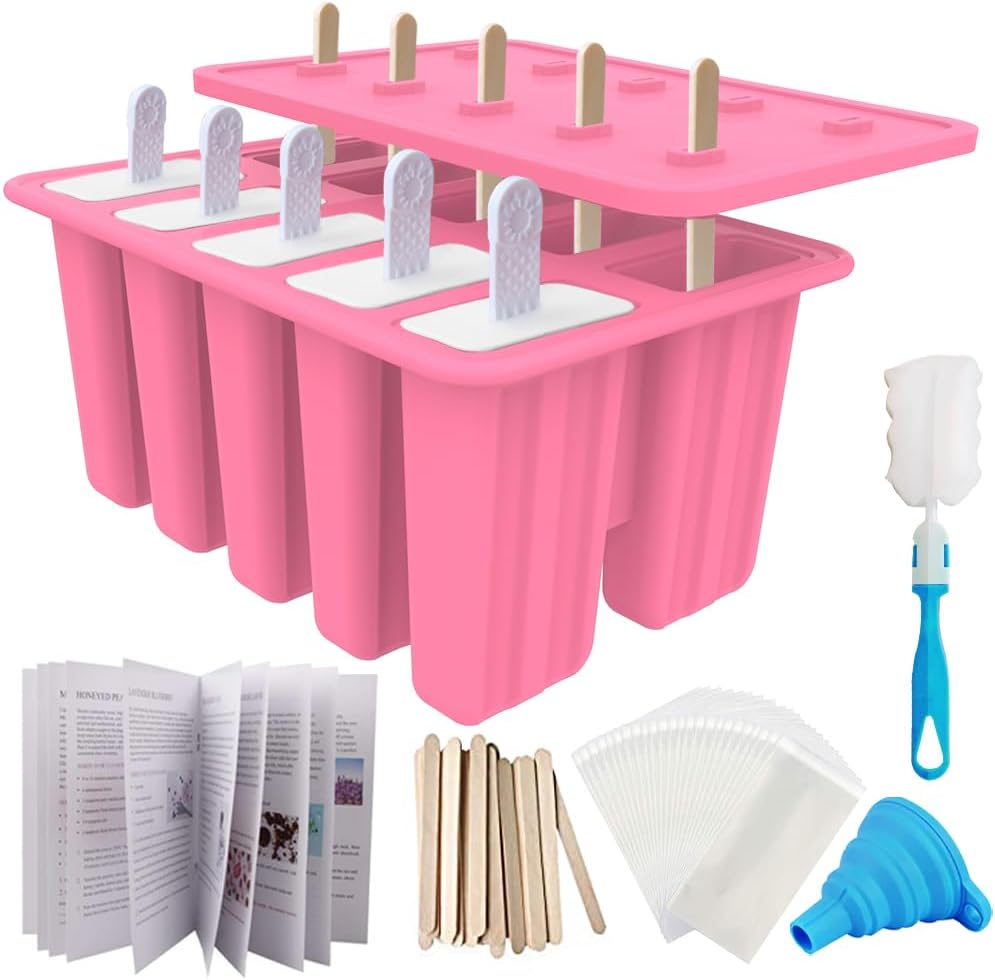 Miaowoof Homemade Popsicle Molds, 10-Cav Non-BPA Silicone Ice Pop Maker, with 50 Sticks, 50 Bags, 10 Reusable Sticks, Funnel, Brush and Ice Pop Recipe (Red)