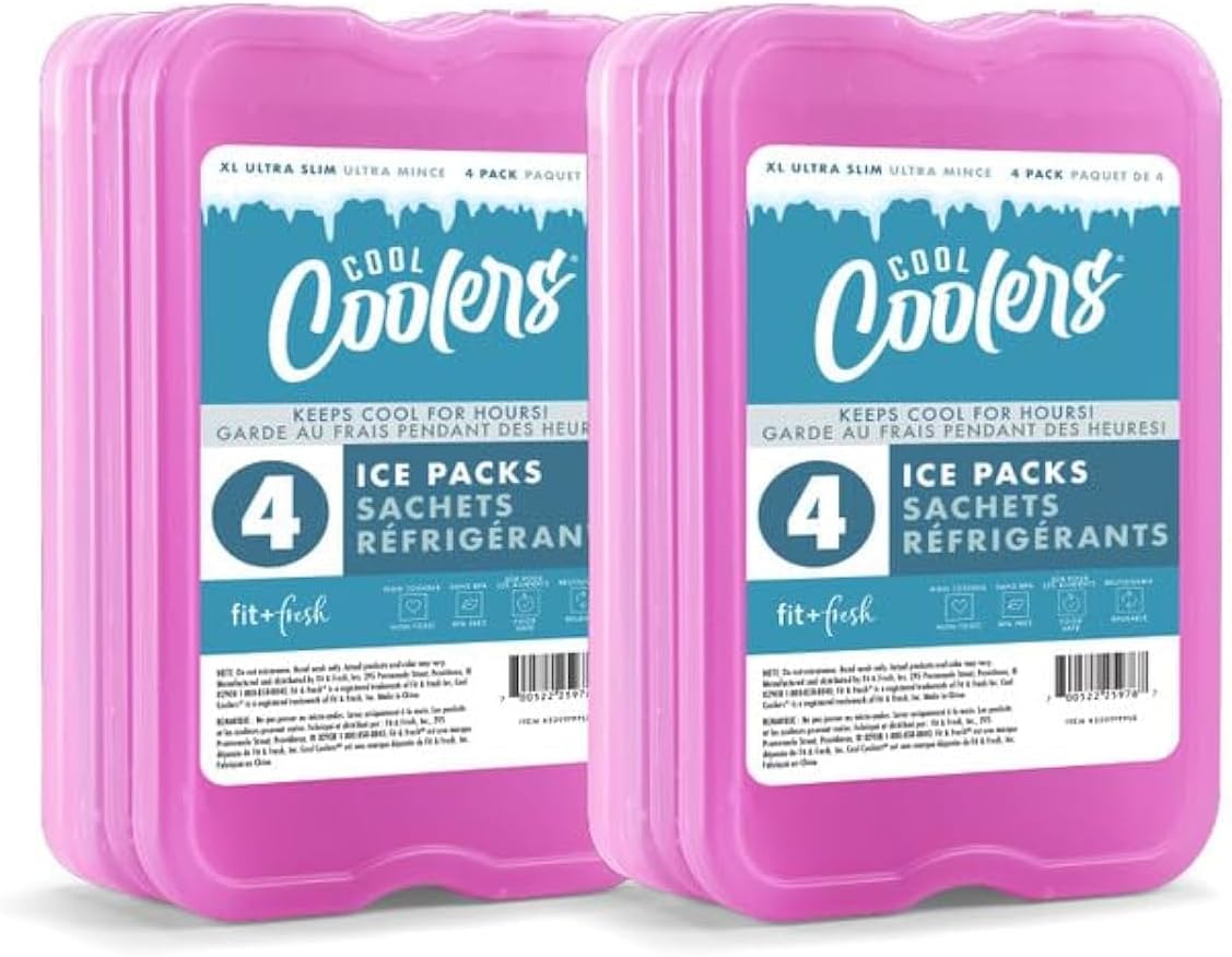 Cool Coolers by Fit & Fresh 4 Pack XL Slim Ice Packs, Quick Freeze Space Saving Reusable Ice Packs for Lunch Boxes or Coolers