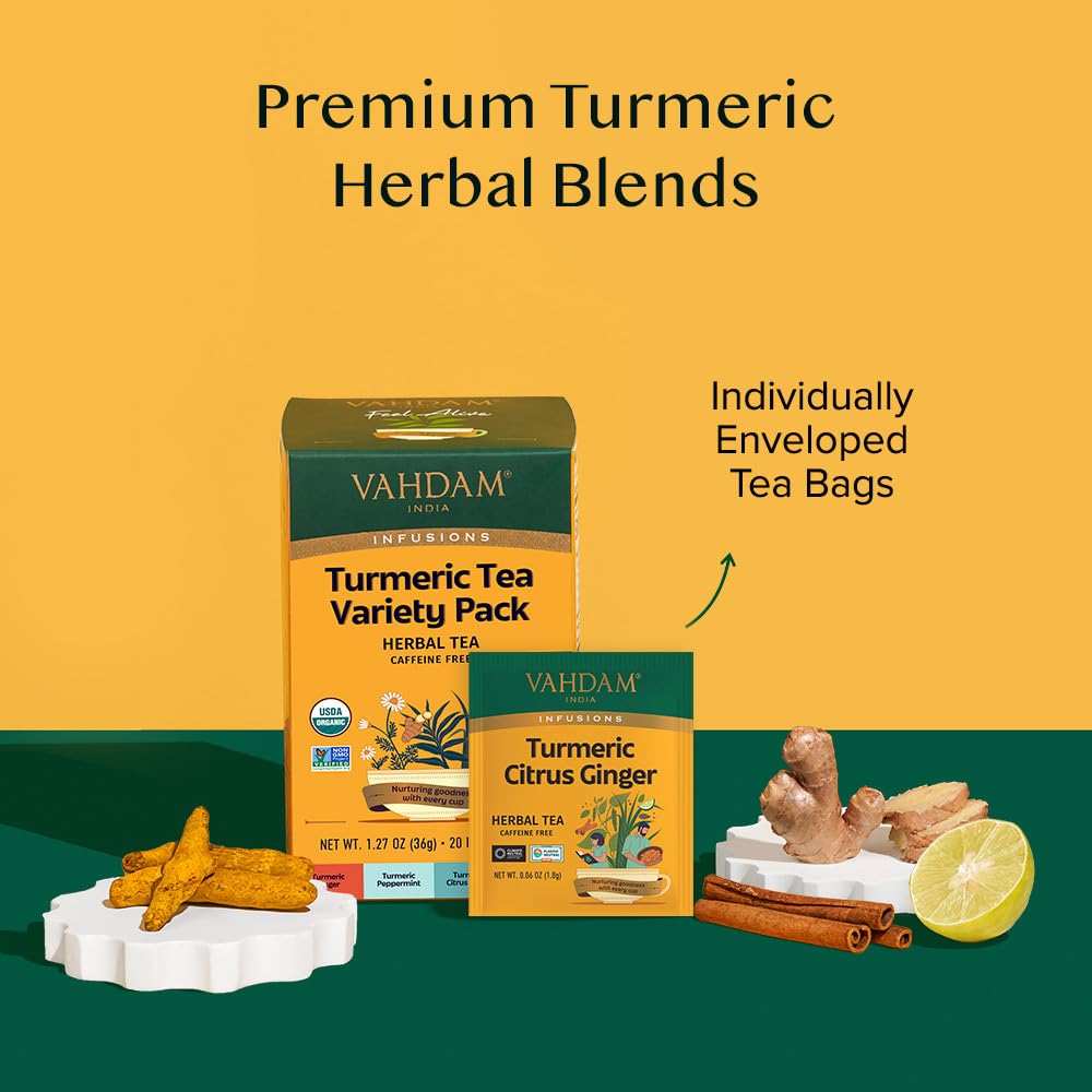VAHDAM, USDA Organic Turmeric Herbal Tea Sampler (20 Tea Bags, 4 Flavors), Caffeine-Free, Gluten-Free |Turmeric with Citrus, Ginger, Chamomile & Peppermint Tea Variety | Individually Wrapped