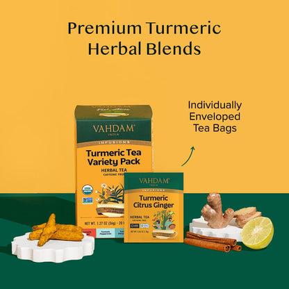 VAHDAM, USDA Organic Turmeric Herbal Tea Sampler (20 Tea Bags, 4 Flavors), Caffeine-Free, Gluten-Free |Turmeric with Citrus, Ginger, Chamomile & Peppermint Tea Variety | Individually Wrapped