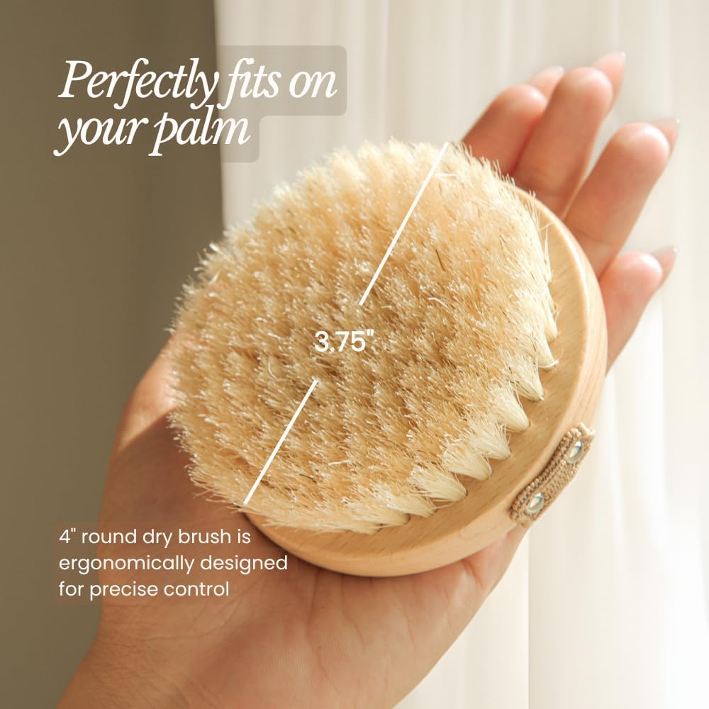 Bare Botanics 17" Dry Brushing Body Brush - Medium Firmness, Natural Color & Silicone Grip - Extra Long Bath Brush - Ergonomic Curved Handle Design w/Hang Rope - Back Scrubber for Shower