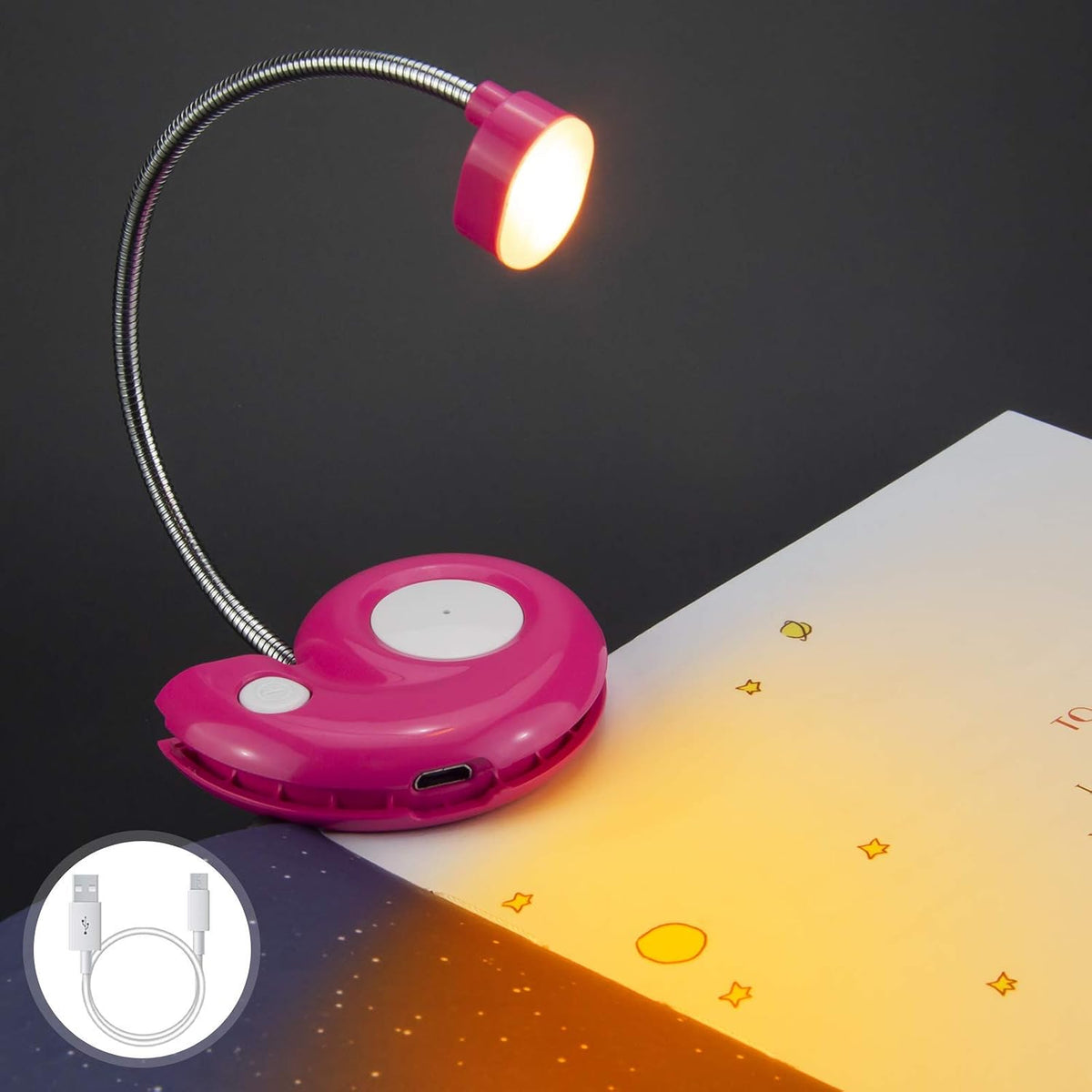 Kids Rechargeable Book Light, Clip on Reading Light for Kid, Kids Reading Lights, Amber Book Light for Reading in Bed, 2 Lighting Modes, Blue Light Blocking, Bookmark Light for Bookworms-Pink
