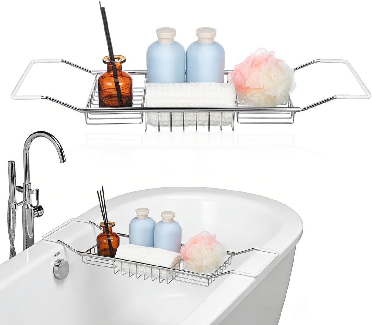 Cabilock Luxury Stainless Steel Bathtub Caddy Tray - 24.8in Expandable Modern Bath Rack for Tub with Wine Glass & Book Holder - Rustproof Shower Organizer & Tablet Stand for Home Spa, Gold