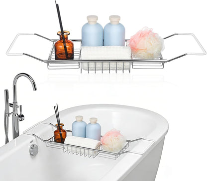 Cabilock Luxury Stainless Steel Bathtub Caddy Tray - 24.8in Expandable Modern Bath Rack for Tub with Wine Glass & Book Holder - Rustproof Shower Organizer & Tablet Stand for Home Spa, Gold