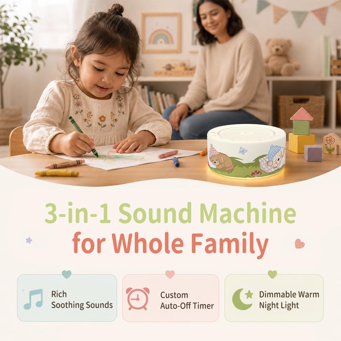 Kipcush White Noise Machine for Baby & Adults, 30 Soothing Sounds, Soft Non-Glare Nursery Lamp, 8 Color Night Lights, Memory Function (Angel V1 White, Standard)