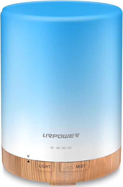 URPOWER 300ml Essential Oil Diffuser: Ultrasonic Aromatherapy Diffuser Quiet Auto Shut-Off, 4 Timer Settings(1H 3H 6H ON) & 7-Color Night Light Humidifier for Yoga Bedroom Living Room Office