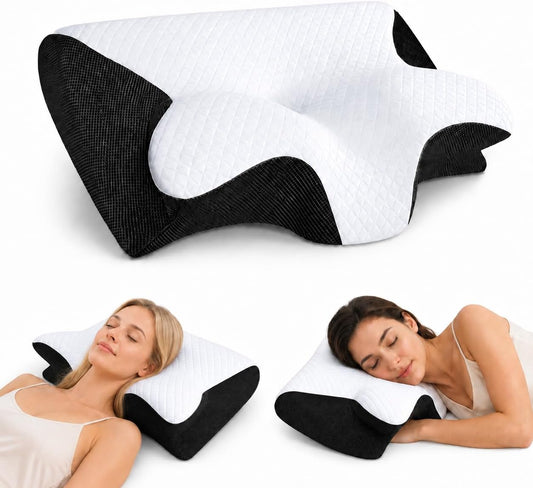 Sleep Apnea Pillow, Pain Relief Cooling Cervical Pillow for Neck, Adjustable Memory Foam Neck Support Pillow, Ergonomic Orthopedic Contour Pillow for Side, Back & Stomach Sleepers (Black)