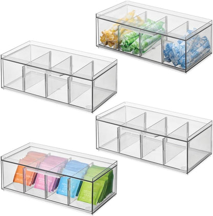 iDesign XL Tea Bag Organizer, Clear, 4-Section | For Counter, Storage Drawer for Cabinet