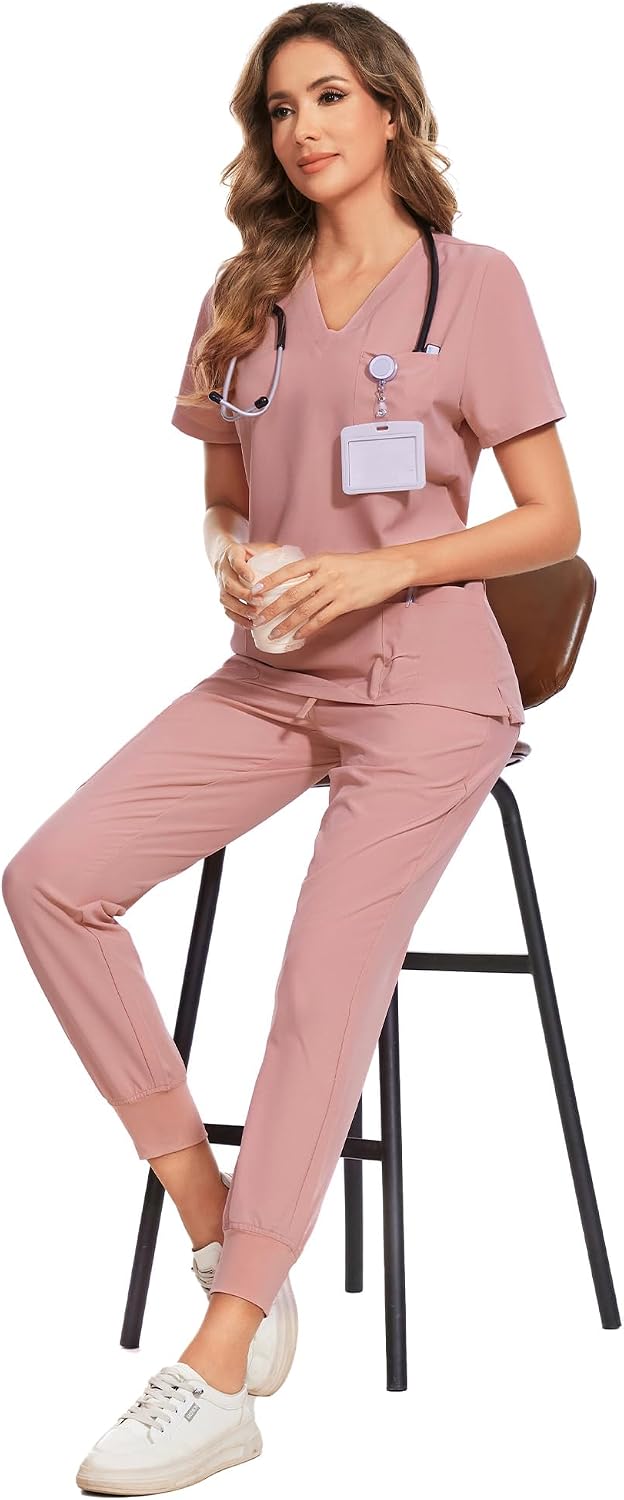 COZYFIT Scrubs for Women Set - Stretch V-Neck Scrub Top & Jogger Pant with 8 Pockets COZY SCRUBS - Colors B