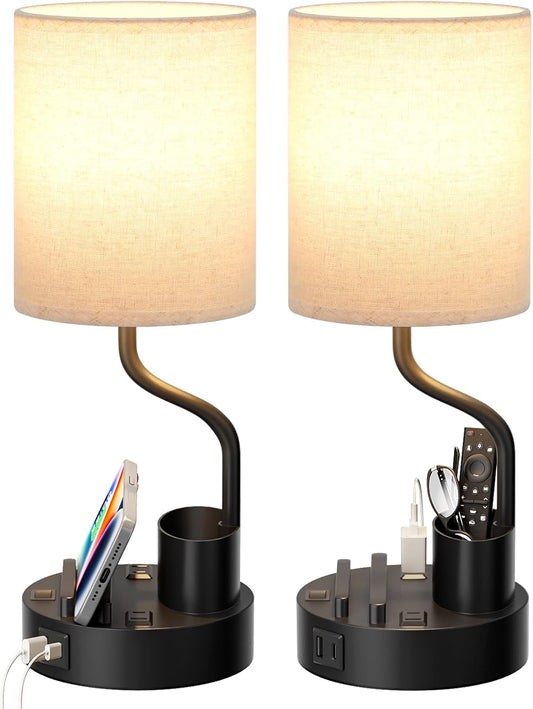 Bedside Table Lamps for Bedroom Set of 2 - Nightstand Light with AC Outlet and USB A & C for Charging, 3 Color Temperatures, Study Desk Lamp with Pen Holder & Phone Stand for Living Room/Dorm/Office