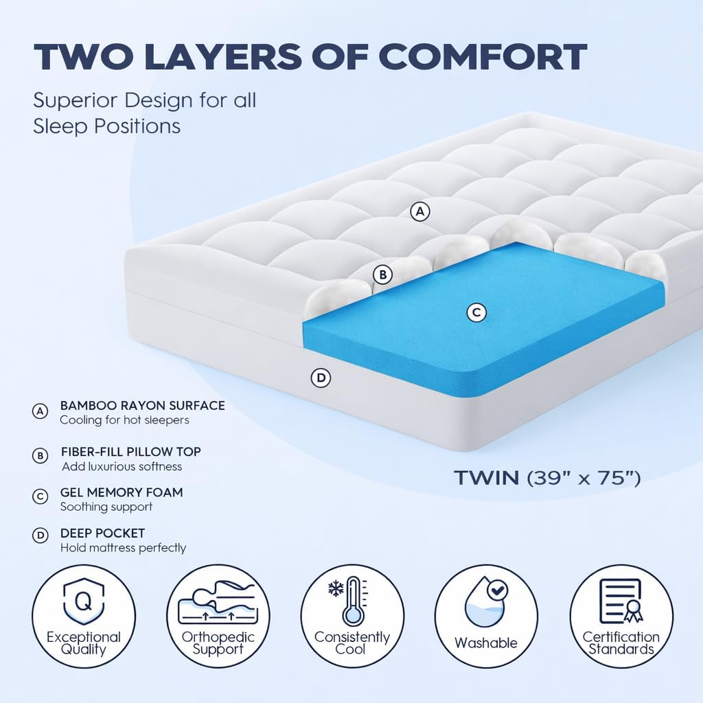 ELEMUSE Twin XL Dorm Dual Layer 3 Inch Memory Foam Mattress Topper for College, Dorm Room Essentials, 2 Inch Cooling Gel Foam and 1 Inch Soft Pillow Top Bed Pad,Back to School Comfortable Support