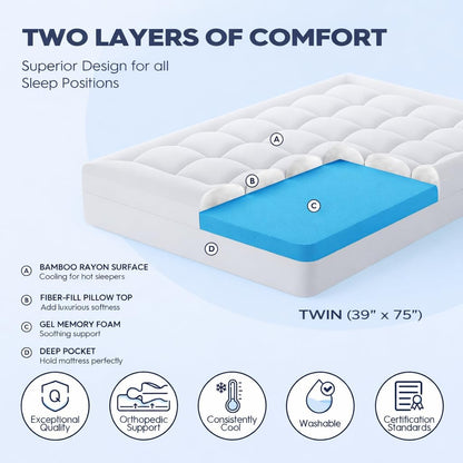 ELEMUSE Twin XL Dorm Dual Layer 3 Inch Memory Foam Mattress Topper for College, Dorm Room Essentials, 2 Inch Cooling Gel Foam and 1 Inch Soft Pillow Top Bed Pad,Back to School Comfortable Support