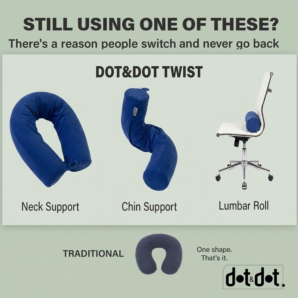 Dot&Dot Twist Memory Foam Travel Pillow, Bendable Neck Pillow for Airplane, Car and Home, 26-Inch Adjustable Roll with Washable Cotton Cover, Gray