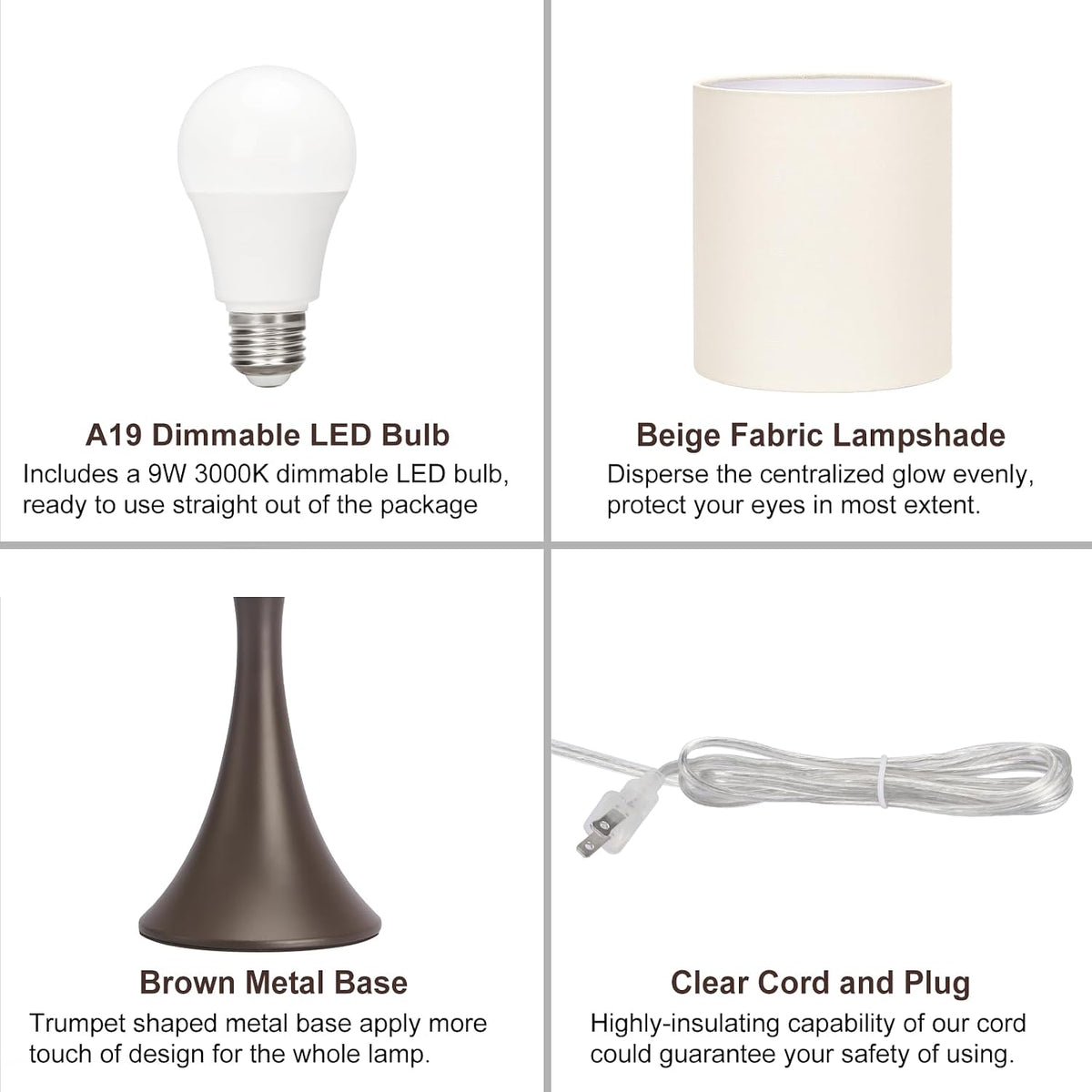 3 Way Touch Control Table Lamp, Dimmable Bedside Desk Lamp with Metal Base Modern Nightstand Lamp Stylish Grey Shade Simple Side Table Lamp for Bedroom, Living Room, Office or Den LED Bulb Included